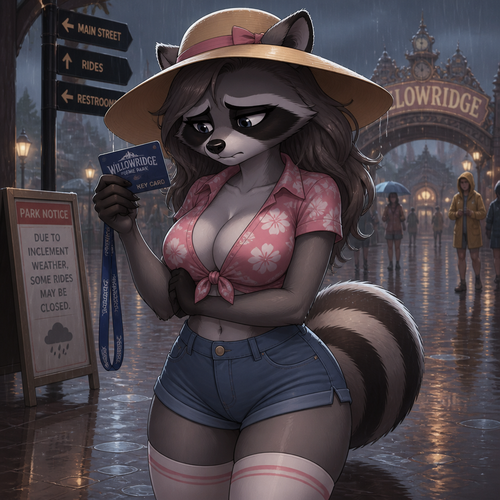 A well-made anthro female Raccoon character that wears a sun hat and a shirt who’s been looking at her key card unhappy. Has thigh highs and boobs. On a rainy day at the themed park. Well-animated version.
