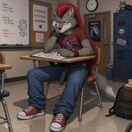 A middle school aged male grey wolf wearing blue jeans with an unbuckled belt, tight maroon shirt with a superhero in it, red sneakers, and a red Mohawk hairstyle with the hair in the back going to the small of his back. He is sitting at a desk bored doodling in his notebook. Anime art style, full body.