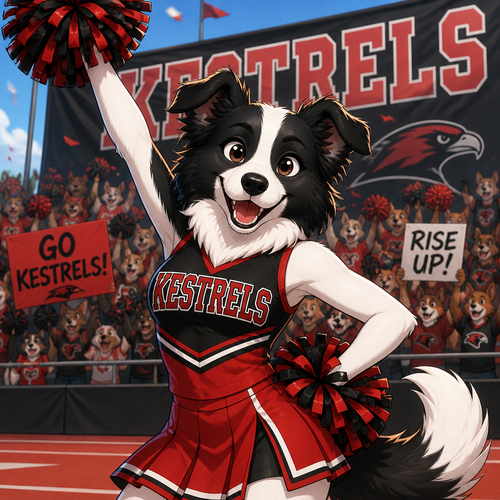 Anthropomorphic border collie cheerleader in a red and black uniform cheering for a team named “Kestrels” , animated style 