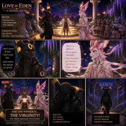 In a dating live show at the garden of Eden (a well-made animated version) a grown non-rich anthro Umbreon male that wears a gothic hoodie that is unhappy and doesn’t want to be there and wanted to lose and Don’t like this super rich grown anthro Sylveon male that wears some elegant clothes who likes him. In a well-made anthropomorphic Pokemon universe. A bad/sad ending of a show and the virginity wins again.