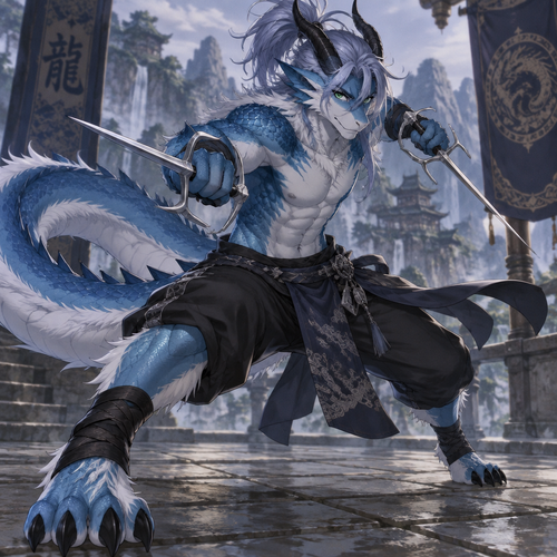 Male, azure dragon with fur and scales, black horns, hair in a messy ponytail, Toned, emerald  eyes, digitigrade footpaws,, anime style, fighting stance with a pair of sai
