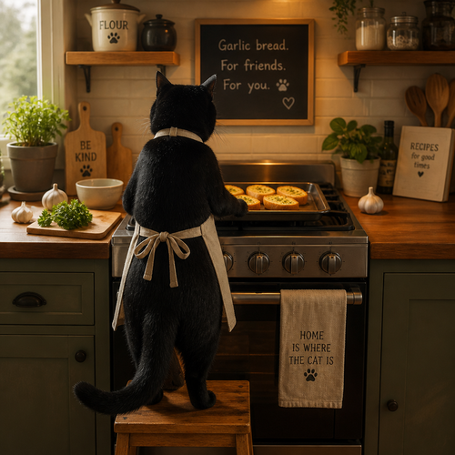 A friendly neighbor, a black cat. Wears an apron while cooking some garlic bread. Well-made version. Rear view.