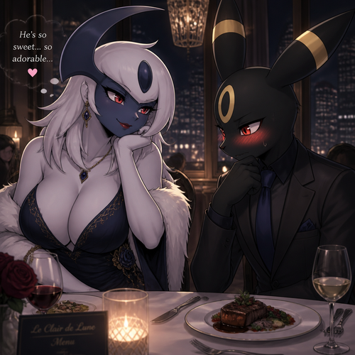 A well-made busty female Pokemon character, Absol. wears an elegant dress and eyeliner also lipstick. Tall and gorgeous. Dating a shy male Umbreon with a blush. Patient. Has a flirty feeling. Thinking about how sweet and delightful. On a fancy restaurant at night.