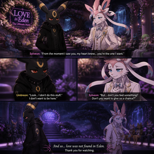 In a dating live show at the garden of Eden (a well-made animated version) a grown non-rich anthro Umbreon male that wears a gothic hoodie that is unhappy and doesn’t want to be there and wanted to lose and Don’t like this super rich grown anthro Sylveon male that wears some elegant clothes who likes him. In a well-made anthropomorphic Pokemon universe. A bad/sad ending of a show.