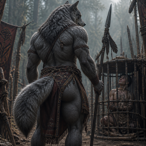 A well-made grown male grey Wolf from a tribe who looks at man as a prisoner who seems to like him. Has thick thighs, round buttocks, a bushy tail, and wears a tribal cloth clothing also carries a spear. Back view. Secretly gay.