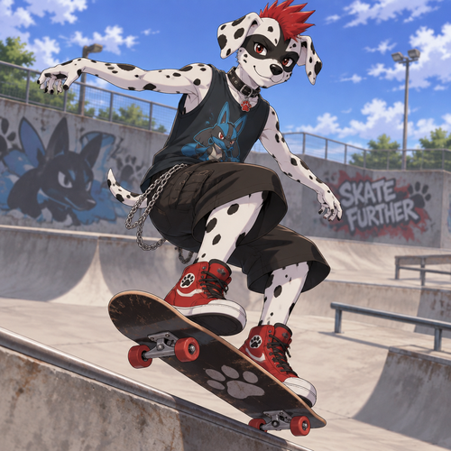 A middle school aged male Dalmatian with a black spot over his eyes that looks like a mask, wearing loose black khaki shorts with a chain hanging onto the right side, a lucario themed sleeveless shirts, red high top shoes, a black leather collar with a ruby paw pendant, and a red mohawk. He is skateboarding in a skate park. Anime art style, solo, full body.
