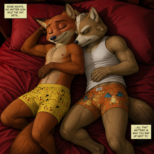 Nick Wilde wearing Pikachu style boxers sleeping on a big bed with red sheets. Sleeping next to him is his boyfriend Fox McCloud wearing tight Charizard style boxers and a white sleeveless shirt. Realistic style look with a comic book aesthetic.