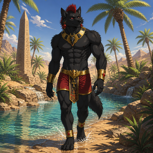 A male black dire wolf wearing Egyptian inspired red shorts, shirtless showing off 16 pack of abs, gold bracelets with ruby gemstones inlaid in them, gold choker with a Anubis design on it, ruby earrings that look like skulls, and short red mohawk. He is walking through a Oasis located in the desert. Anime art style, solo, full body.