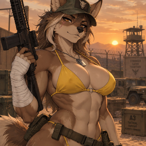 A high-quality 2D anime-style digital illustration of an anthropomorphic character with an attractive, muscular physique—featuring powerful biceps, a full bust, and defined abs. She wears a worn-looking olive-green military cap and a bright yellow bikini top, maintaining a confident expression. Her right arm is heavily wrapped in white bandages extending from the wrist to the mid-forearm, and she holds a black tactical rifle. She strikes a confident, slightly provocative pose against a desert military base backdrop; the silhouette of a distant watchtower and a wire fence stands out against a hazy, orange-hued sky. The composition is a half-body shot focusing on the character's torso and face, captured from a dramatic angle. Directional lighting creates soft shadows that accentuate the contours of her silhouette. The color palette is dominated by muted earth tones that contrast sharply with her fur and the vibrant yellow of her swimwear. The atmosphere is rugged yet serene.