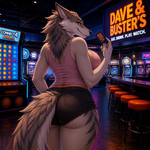 A well-made busty female adult Sergal is inside the Dave’s and Busters arcade in a mall, and having a good time. Animated version. Wears a visible tank-top. Flirty and soft. Back view.