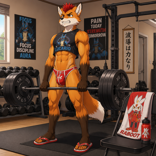 A young male fox wearing a red jockstrap, Lucario themed cutoff shirt, red flip flops, and a short mohawk hairstyle. He is in his houses gym lifting heavy weights. On a chair nearby sits a Raboot themed towel and water bottle. Anime art style, solo, full body.