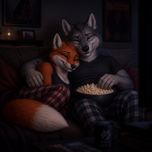 Ash the red vixen and Mike the grey wolf, intimately curled up on a couch in a dimly lit room, watching a movie together, enjoying a bowl of popcorn