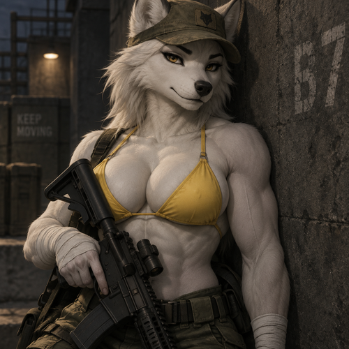 A digital illustration of an anthropomorphic female wolf with an attractive, muscular physique—featuring strong biceps, a full bust, and defined abs—wearing a confident expression. She wears a weathered olive-drab military cap and a bright yellow bikini top. Her right arm is heavily wrapped in white bandages extending from the wrist to the mid-forearm, and she holds a black tactical rifle. She is leaning against a dark, textured concrete wall in a dimly lit urban setting. The composition is a half-body shot, focusing on her torso and face. The lighting is dramatic and directional, casting soft shadows and highlighting the contours of her silhouette. The color palette is dominated by muted earth tones, contrasting sharply with her white fur and the vibrant yellow of her swimwear. The atmosphere is rugged yet serene.