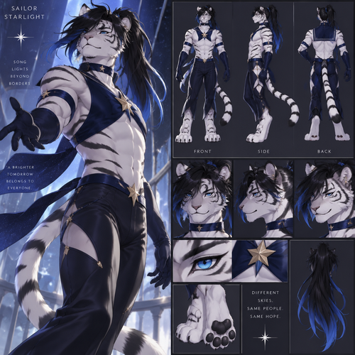Male, anthro white tiger, digitigrade footpaws, thick black hair with blue tips, hair in a long ponytail, blue eyes, sailor starlight
