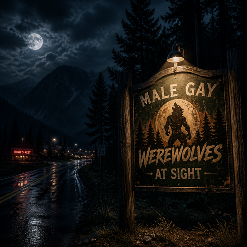 In a middle of a night, A background sign says; male gay Werewolves at sight. Well-made view.