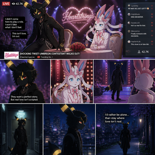 In a well-made anthro Pokemon universe, an non-rich grown male half gothic Umbreon refuses to accept the sham date with a grown richest male Sylveon (the Barron) on a live dating fantasy show (in modern life) and decided to leave because love isn’t here. A well-made animated version.