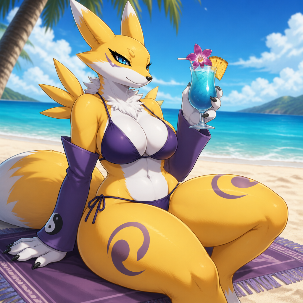 A well-made female anthro character, Renamon. Has thick thighs. Wears swimsuit and eyeliner. At the beach. Animated verse. Sits on a rug below the sand. Enjoying the blue Hawaii.
