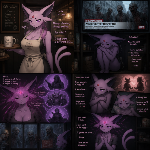 A well-made busty grown female character, Espeon. Who works at a cafe and wears an apron. Hides somewhere because being scared of blood thirsty flesh eating zombies outside sob a little. Animated universe. Tries her best to read minds and send help despite on today’s news on television telling about the outbreak. Hated her job and wished to have a boyfriend by chance. Hoping for some rescuers, some survivors, or maybe a dreamy hero. Doesn’t want to die and just wanted to be happy.