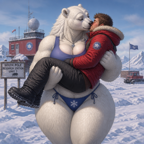 A busty well-made lovely anthro female polar bear that has thick thighs and thick fur who lives in a South Pole. Picks up a man and Giving him a gentle bear hug for warmth and a kiss while standing.