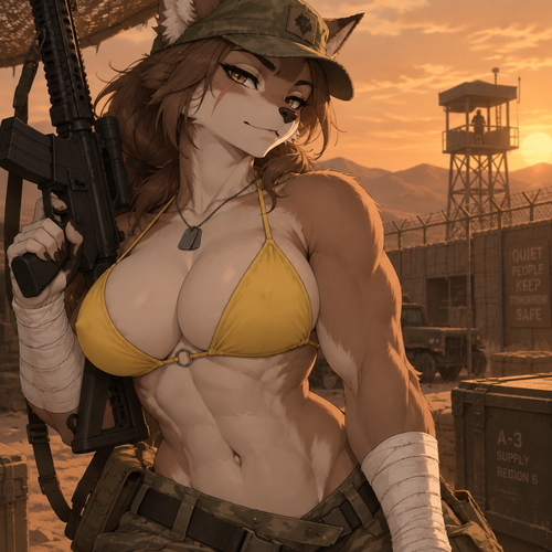 A high-quality 2D anime-style digital illustration depicting an anthropomorphic furry character with an attractive, muscular physique—showcasing powerful biceps, a full bust, and defined abs. She wears a weathered olive-green military cap and a bright yellow bikini top, maintaining a confident expression. Her right arm is heavily wrapped in white bandages extending from the wrist to the mid-forearm, and she holds a black tactical rifle. She strikes a confident, slightly provocative pose set against a desert military base; the silhouette of a distant watchtower and a wire fence stand out against a hazy, orange-hued sky. The composition is a half-body shot focusing on the character's torso and face, captured from a dramatic angle. Directional lighting creates soft shadows that accentuate the contours of her silhouette. The color palette is dominated by muted earthy tones, contrasting sharply with her fur and the vibrant yellow of her swimwear. The atmosphere is rugged yet serene.