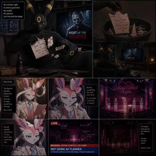 In a anthro Pokemon universe. A grown non-rich Umbreon male who lives in a apartment alone who’s ripped the envelope that says; your invited to dating contest live show (Much like on a date challenge); from the grown wealthy Sylveon male (the Barron) and then put it on a trash while continues to watch a zombie horror movie on television, while the Barron just wanted a boyfriend and to love while feeling something is missing and don’t know what it is while he’s not there the live show starts yet goes not well (sadly or is) for where is he. A well-made animated modern life version.