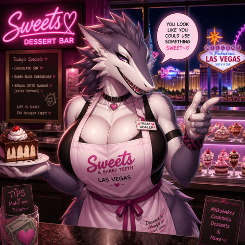 A busty female grownup tomboy Sergal that wears an apron and works at the dessert bar themed restaurant in Las Vegas. Flirty and tease. Front view. Animated version. Being friendly. Well-made.