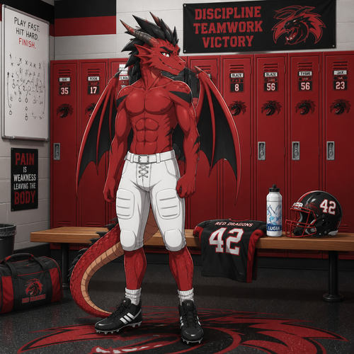 A middle school aged male dragon wearing white football pants, black football shoes standing in the locker room. We can see 6 pack of abs as he is looking over his shoulder. On a bench between the football lockers lies a a red and black football jersey, a Lugia themed water bottle, and a red and black helmet with the number 42 on the sides. Anime style, front view, full body.