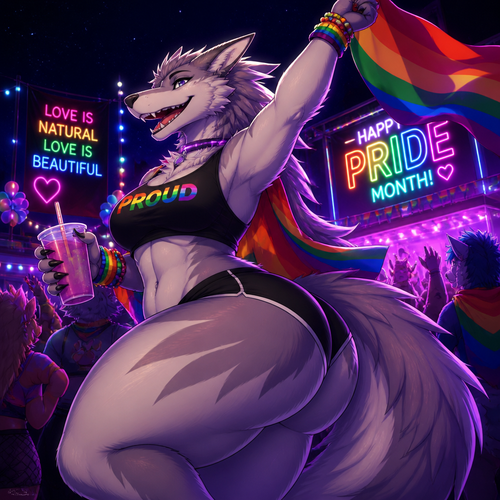In animated universe, a well-made Sergal character with thick thighs and big buttocks also fluffy who’s happily celebrating on pride month at the party at night.