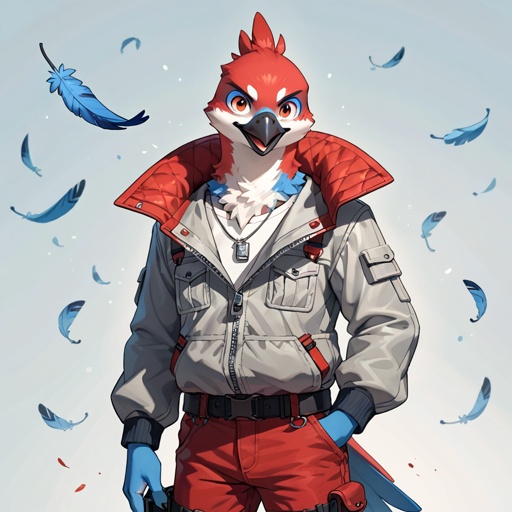 A male blue avian bird with red around his eyes and feather like hands. Wearing red cargo pants and a grey jacket.