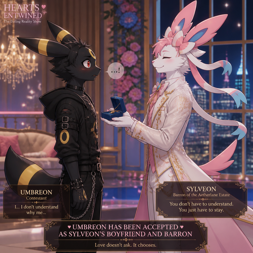 In a dating reality show (a well-made animated version) a non-rich half gothic grown Umbreon male is surprisingly unbelievably been accepted to become a boyfriend to this super rich grown Sylveon male as a Barron for not understanding why. In an anthropomorphic universe. Never asks but been gifted. A good ending. Side view. A modern present day.