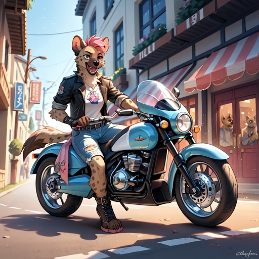 A pastel colored hyena riding a motorcycle
