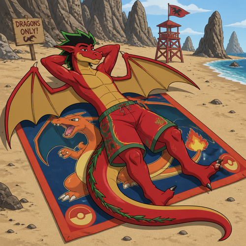 Jake Long from American Dragon Jake Long in his dragon form wearing loose red and green swim trunks. He is laying on a Charizard themed beach towel on a dragon only beach. Anime art style, solo, full body.