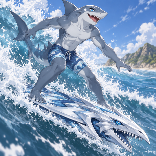 A middle school aged anthropomorphic male great white shark wearing tight ocean themed swimsuit. He is surfing in the ocean on a blue eyes white dragon surfboard. Anime art style, solo, full body.
