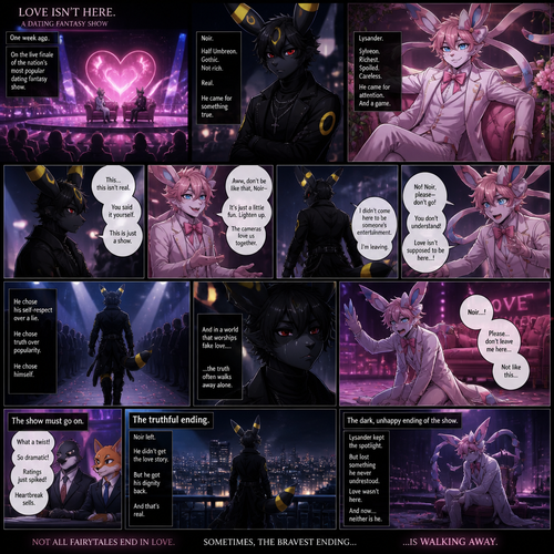 In a well-made anthro Pokemon universe, an non-rich grown brave male half gothic Umbreon named Noir refuses to accept the sham date with a grown richest male Sylveon (the spoiled careless Barron named Lysander) on a live dating fantasy show (in modern life) a week ago and then decided to leave while being begged not to go because love isn’t here. A well-made animated version. A sad but a good truthful ending and the dark unhappy ending of a show. A comic. 