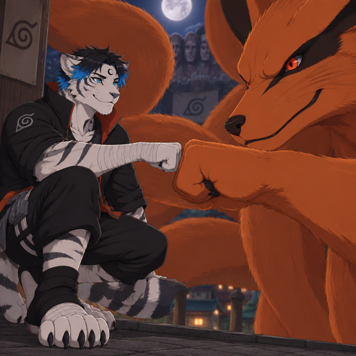 male, anthro, white tiger, short black hair with bright blue tips, black crescent on forehead, blue eyes, digitigrade footpaws, Kurama, Naruto, fist bump