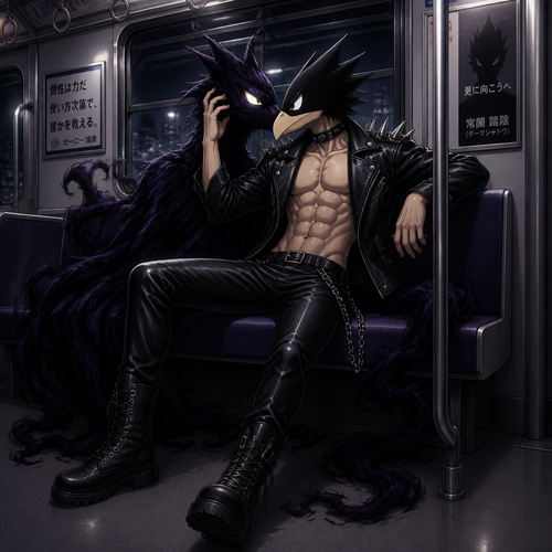 Tokoyami Fumikage wearing leather pants with a chain hanging off the right hip, shirtless showing off 16 pack of abs, and a leather jacket with shirt spikes on the shoulders of the jacket. He is sitting on a train flirting with his quirk Dark Shadow who is male. Anime art style, full body.