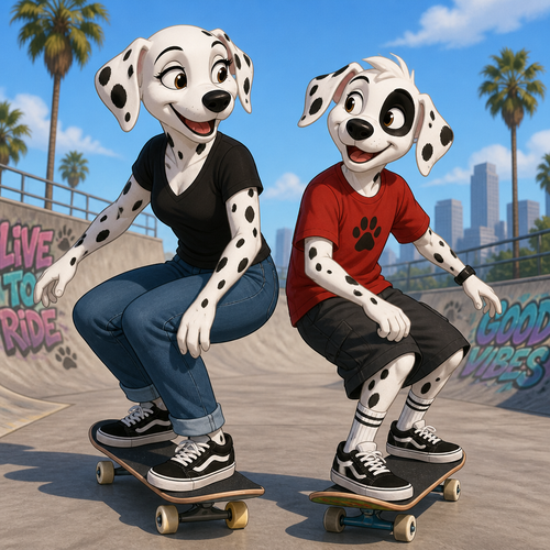 A beautiful female anthropomorphic Dalmatian named Charlotte in her mid thirties with no piercings skateboarding with her teenage son Patch who has a patch of black fur over his right eye, animated style 