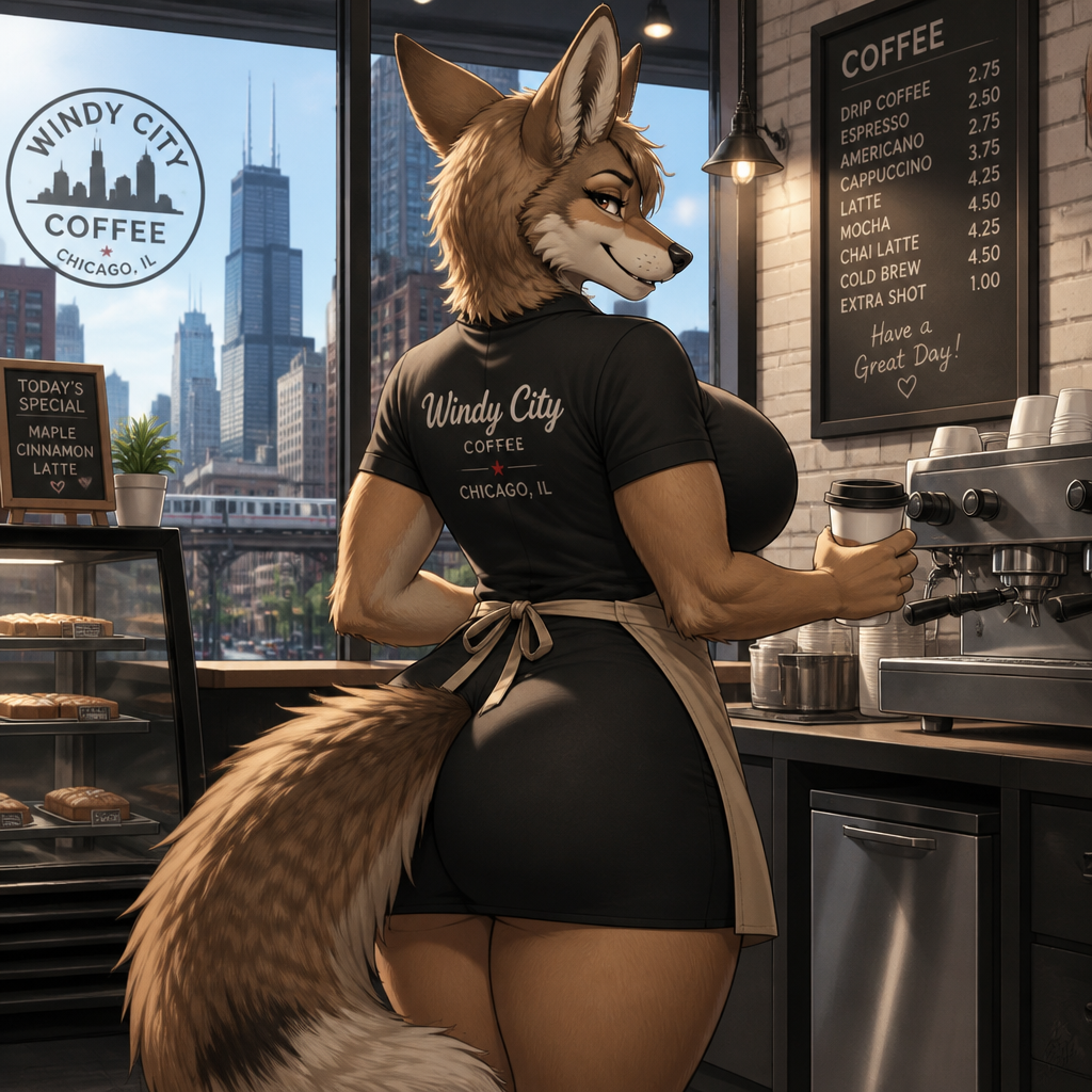 A busty grown female coyote that wears a apron and works at the cafe. Very well-made animated version. In a modern life. Lives in Chicago. Friendly and flirty. Backshot view.