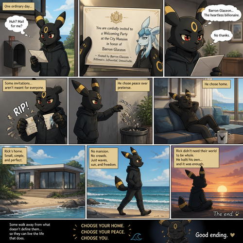 A non-rich grown Umbreon male (named Rick) got the envelope of a billionaire Glaceon’s (the heartless Barron) welcoming party at the city mansion from a mail. Decided to rip and toss the pieces of the envelope at the trash can and stay at home. Chooses a home. Lives on a small modern house at the beach. Well-made animated version. A good ending. A anthropomorphic verse. Side/front view. A comic.