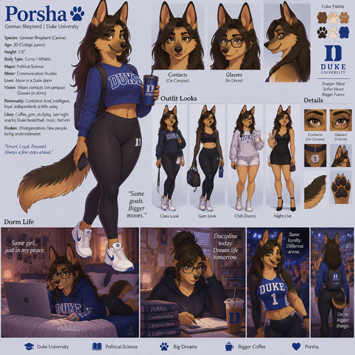 A beautiful curvy female German shepherd named Porsha who lives in a college dorm alone, goes to Duke University, wears contacts unless she’s in her dorm then she typically wears glasses, reference sheet, animated version 