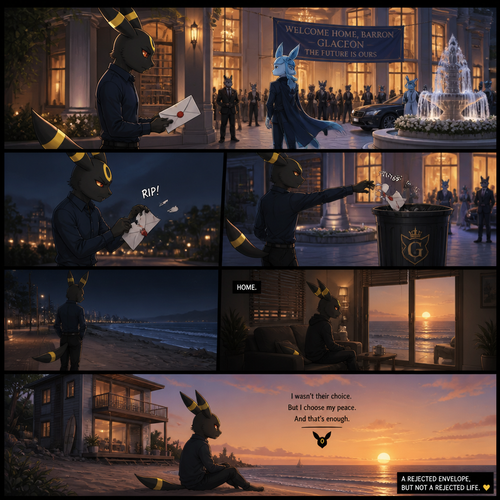 A non-rich grown Umbreon male reject and ripped the envelope and toss it to a trash can of a billionaire Glaceon (the Barron) welcoming party at the city mansion at home. Lives on a small modern house at the beach. Well-made animated version. A sad/good ending. A anthropomorphic verse. Side view.