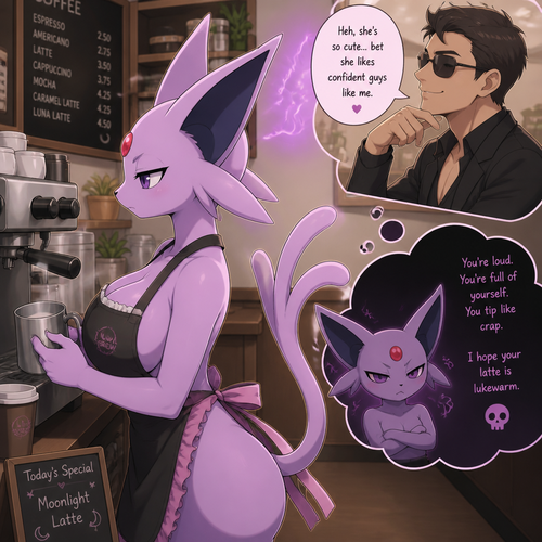 A well-made busty female Espeon that wears an apron who works at the coffee place and can read minds to some confident customers and likes her while having a silently bad mood in her thoughts. In an animated verse. Side view. 