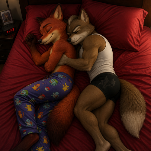 Nick Wilde wearing Pokémon style pajama pants sleeping on a big bed with red sheets. Sleeping next to him is his boyfriend Fox McCloud wearing tight black boxers and a white sleeveless shirt.