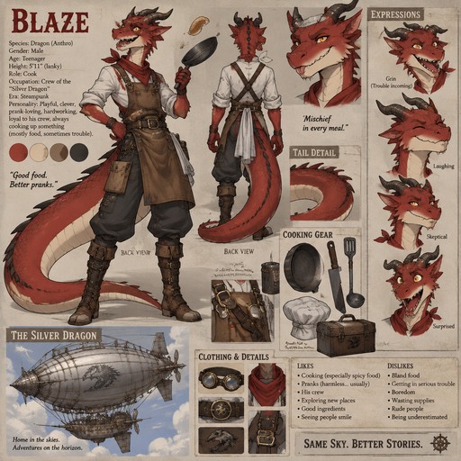 A lanky male anthropomorphic dragon with red scales named Blaze in the steampunk era, looks like a teenager, has a big tail, likes pranks, works on a airship named the “Silver Dragon”, is the cook, reference sheet
