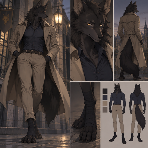 male, black fur, maned wolf, golden eyes, digitigrade footpaws, toned body,dark blue shirt, khaki pants, black wrappings on the footpaws, wearing a trenchcoat, anime style, 