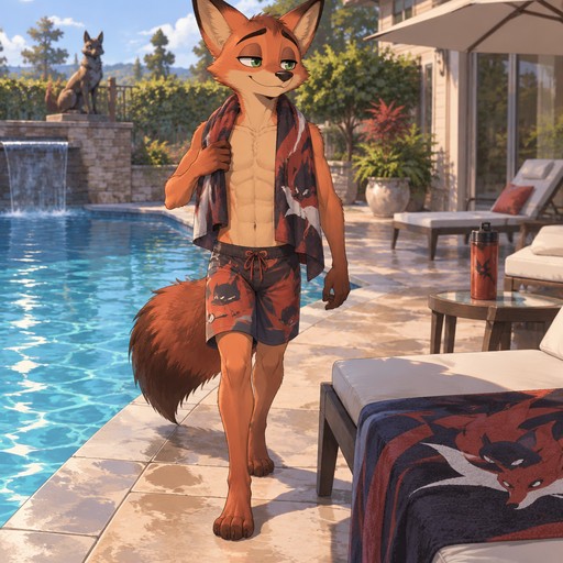 A middle school aged Nick Wilde wearing a Nickit themed swimsuit, showing off a 8 pack of abs, a Thievul themed towel around his neck. Walking along the pool behind his house to his favorite pool chair. Anime art style, solo, full body.