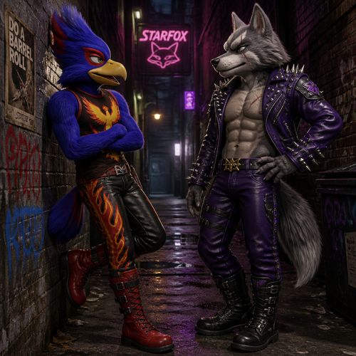 Falco Lombardi wearing fire themed leather pants, Moltres themed sleeveless shirt, red combat boots, and a plumage mohawk hairstyle. He is leaning against a wall in an alley talking to Wolf O’Donnell wearing purple leather pants, no shirt showing off a 16 pack of abs, black boots, and a purple spiked leather jacket.