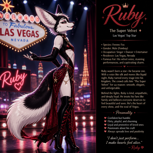 A well-made Black/white furred fennec Fox male named Ruby, wears something attractive for entertainment for a show by self to dance/sing. Wears eyeliner and lipstick. Has a bushy tail. A grown femboy anthro. A star in Las Vegas. Well groomed. Side view. Animated verse. Has good personality. Being a super velvet.