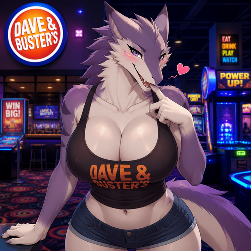 A well-made busty female adult Sergal is inside the Dave’s and Busters arcade in a mall, and having a good time. Animated version. Wears a visible tank-top. Flirty and soft. Front view.