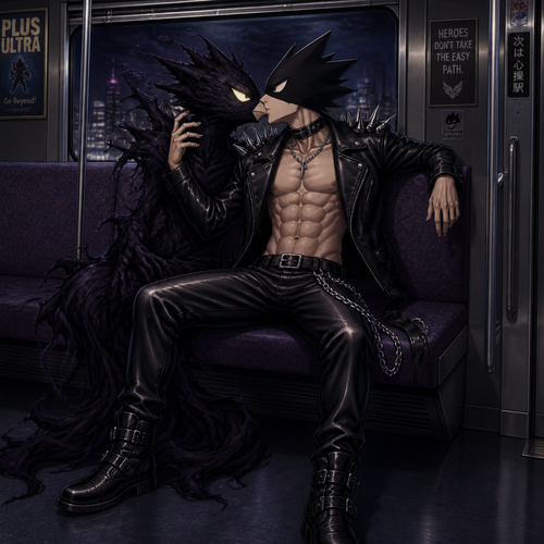 Tokoyami Fumikage wearing leather pants with a chain hanging off the right hip, shirtless showing off 16 pack of abs, and a leather jacket with shirt spikes on the shoulders of the jacket. He is sitting on a train kissing his quirk Dark Shadow who is male. Anime art style, full body.